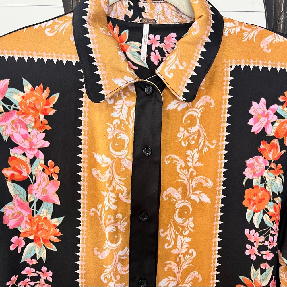 Free People Black and Marigold Floral Button-Down Shirt Boho Southwestern XS - Picture 5 of 8